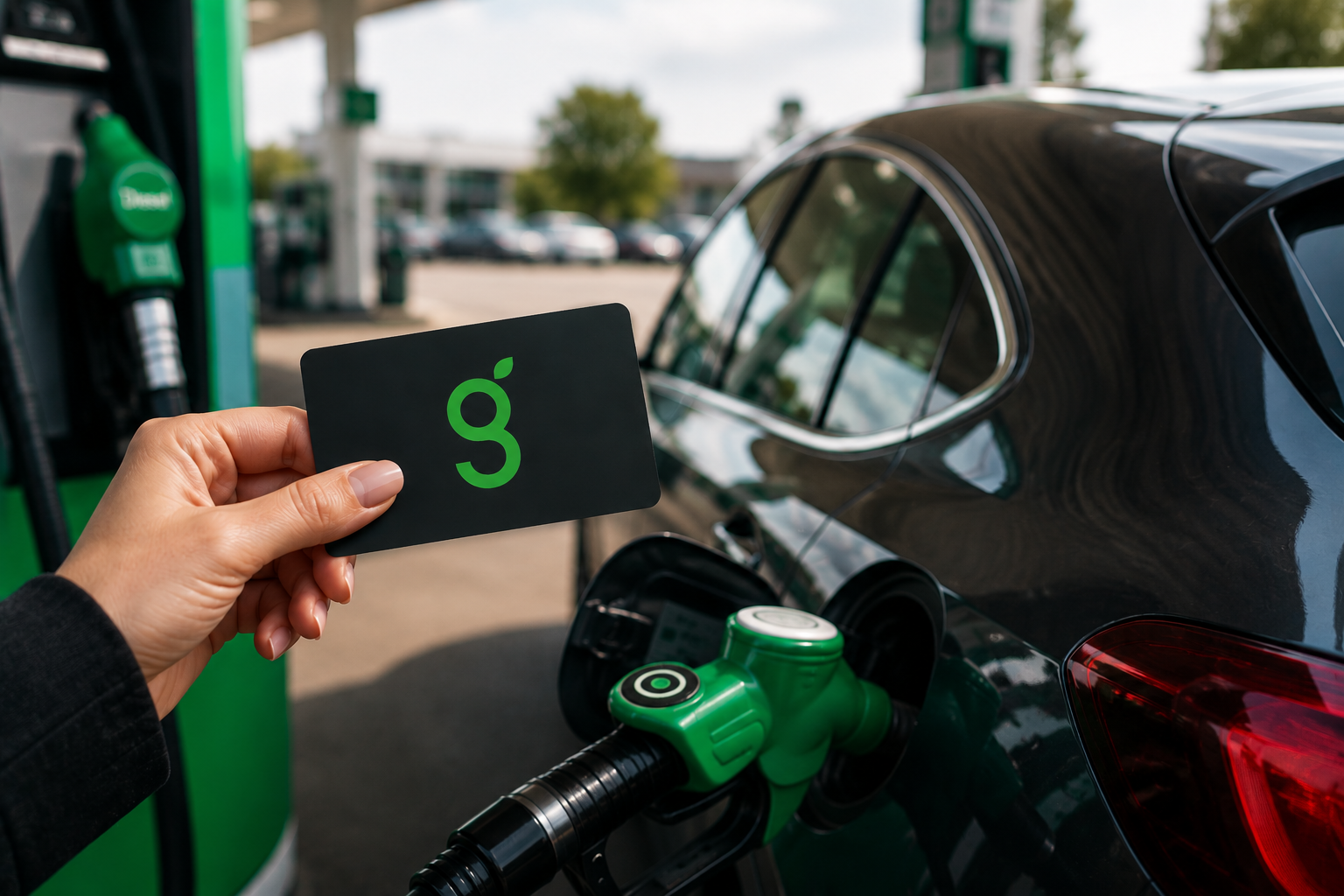 Greenarc fuel card held beside a car being refuelled at a petrol station.