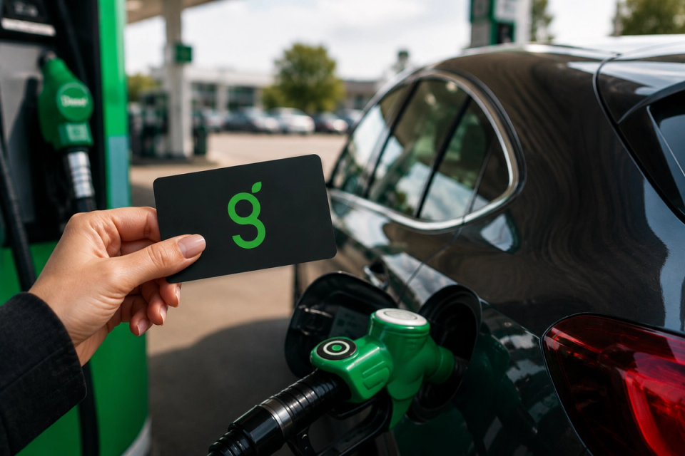 Greenarc fuel card held beside a car being refuelled at a petrol station.