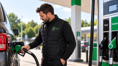 Business driver using a Greenarc fuel card to pay for fuel at a petrol station.