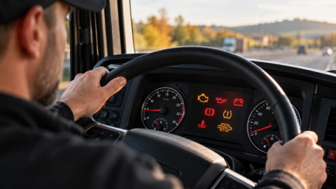 Driver behind the wheel of a vehicle with dashboard warning lights illuminated, including engine, oil, battery and tyre pressure warnings.