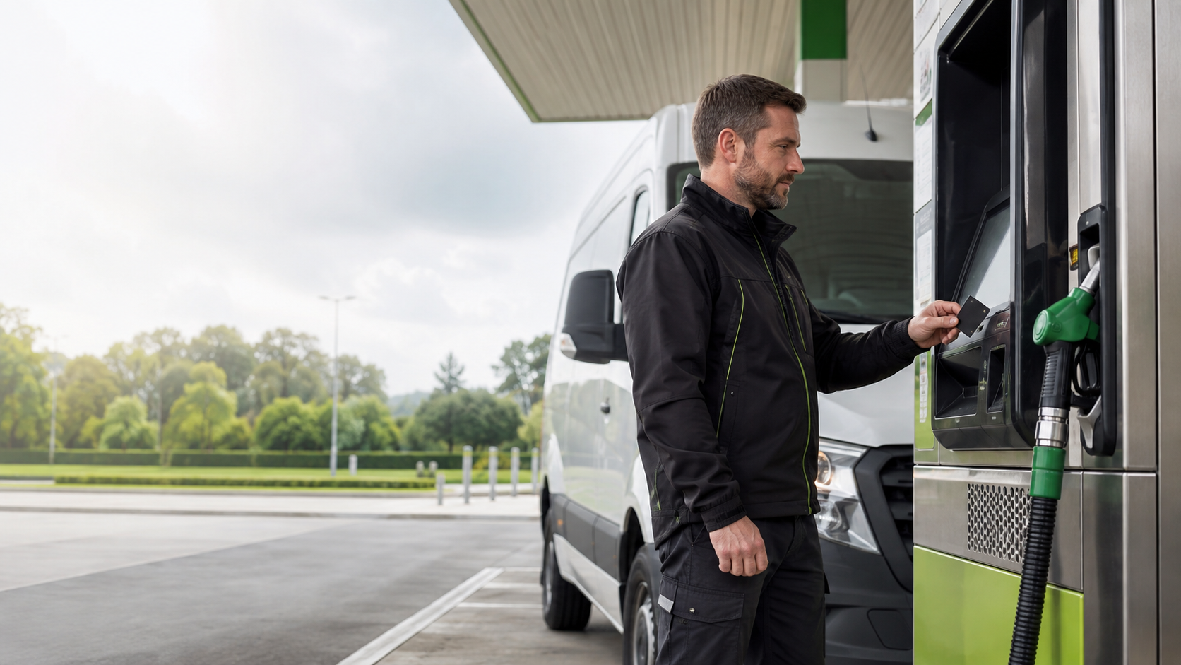 Business driver using a Greenarc fuel card to pay for fuel at a petrol station.