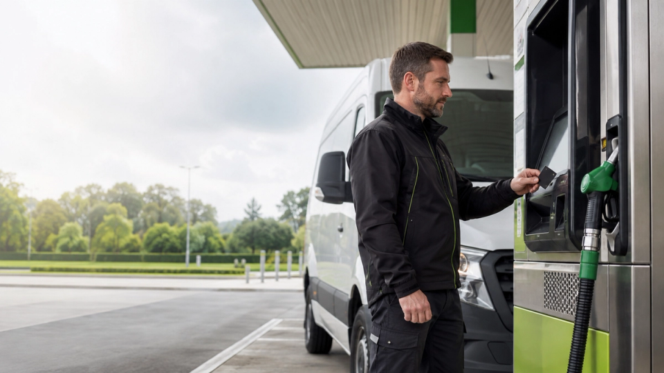 Business driver using a Greenarc fuel card to pay for fuel at a petrol station.