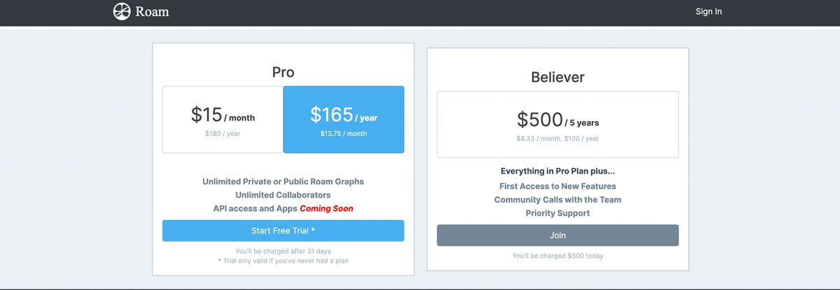 Roam Research Pricing