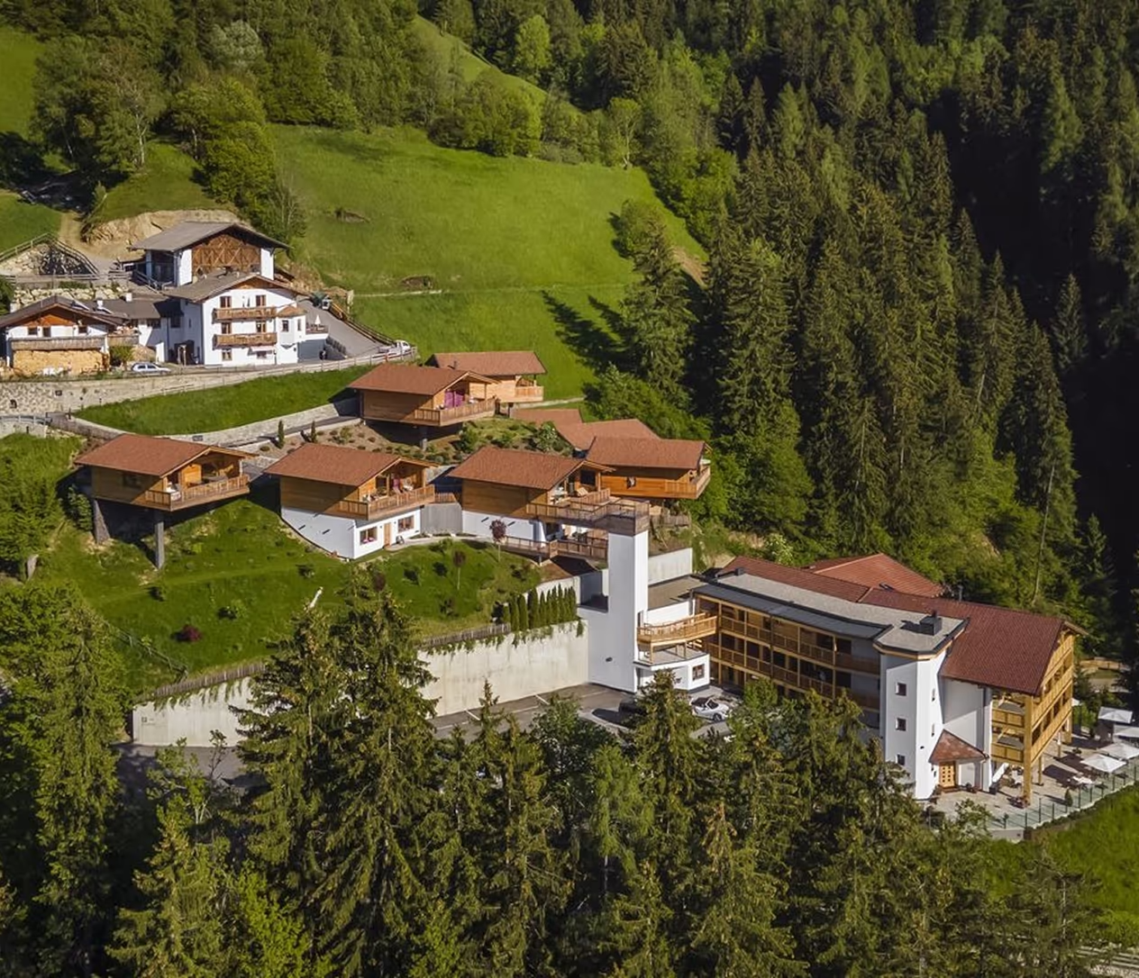 Luftbild des Mountain Village Hasenegg mit Chalets über dem Waldhang