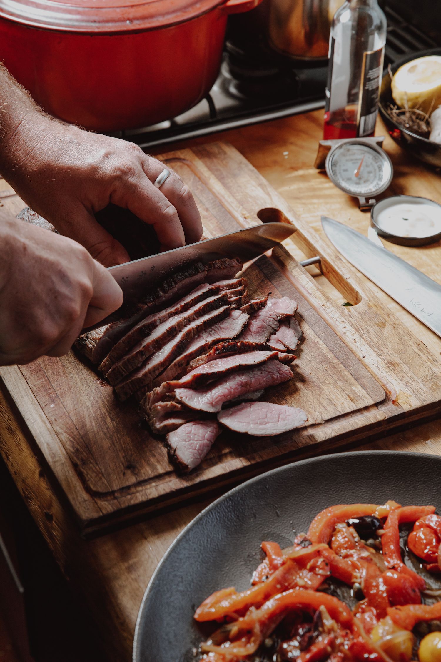 Charcoal grilled venison topside with peperonata and chimichurri