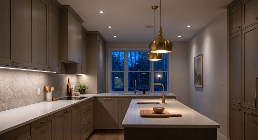 Kitchen island at dusk lit by statement pendant lighting, under-cabinet task lighting, and dimmed recessed ceiling lights.
