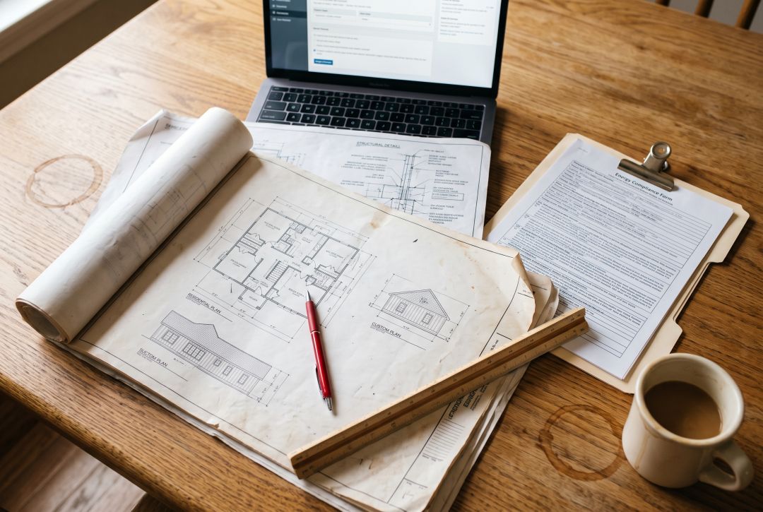 Architectural plans, structural sheet and energy compliance form on a table, the soft costs behind an LA remodel budget