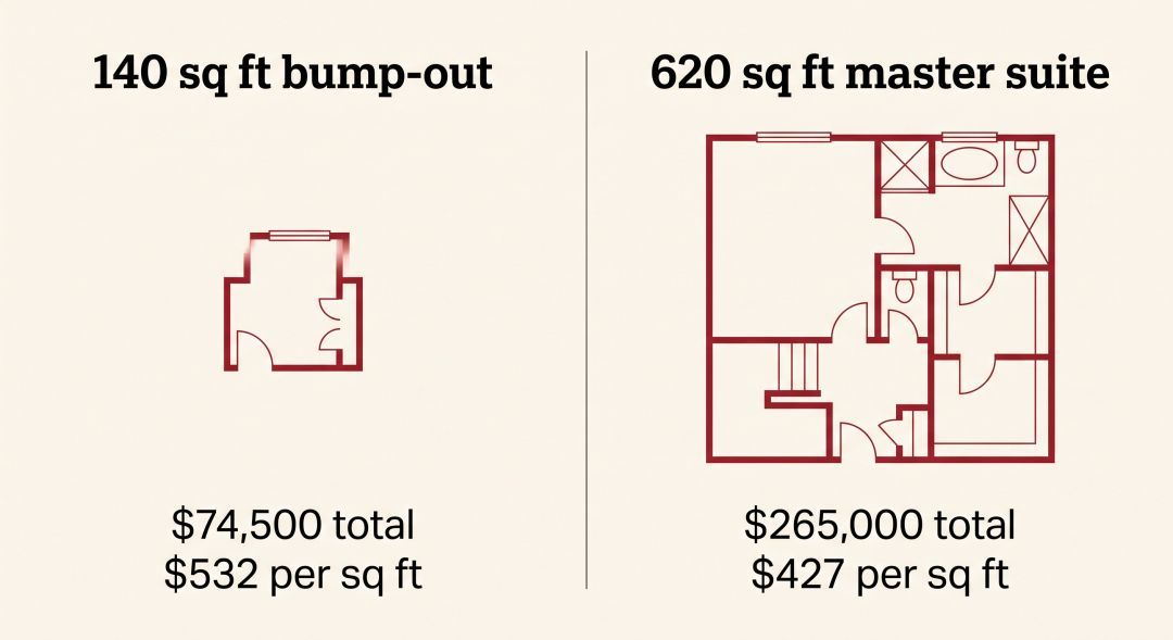 Cost comparison showing a 140 square foot bump-out at $532 per square foot beside a 620 square foot master suite at $427