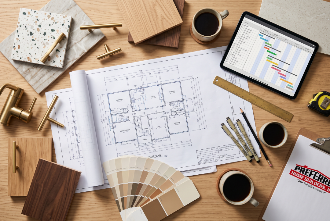 Represent the crucial pre-construction phase (planning, architectural blueprints, material selections, and timeline mapping). Placement: Best placed in the Planning, Budgeting, and Contractor Selection or Design Plans, Material Selections, and Permits section.