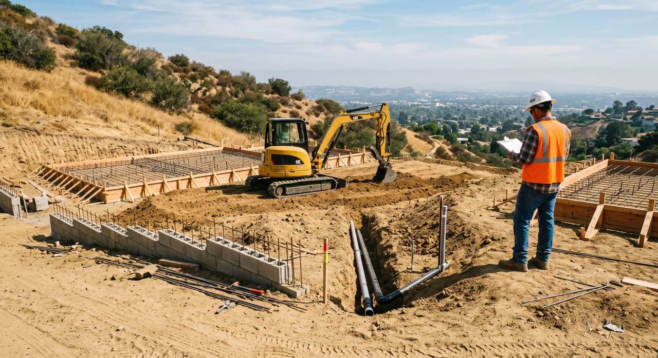 Site work and grading on a Los Angeles hillside lot, with an excavator, foundation forms, rebar, and utility trenching for a new custom home
