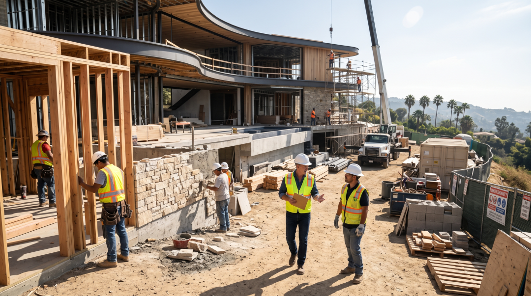 An active, daylight photo of a sprawling custom luxury home under construction on a Southern California hillside, showing complex modern curves, steel framing, and timber features. In the foreground, skilled masons apply natural stone cladding to a wall while carpenters work on timber framing. A custom builder wearing a hard hat, safety vest, and carrying a clipboard walks through the dusty site, speaking with a foreman. Scaffolding with workers, a crane, a delivery truck, and building materials are scattered across the site, with hills and palm trees visible in the distant background.