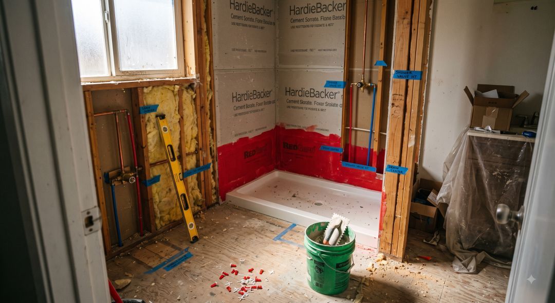 Bathroom remodel in progress showing plumbing rough-in, cement board, and waterproofing membrane before tile