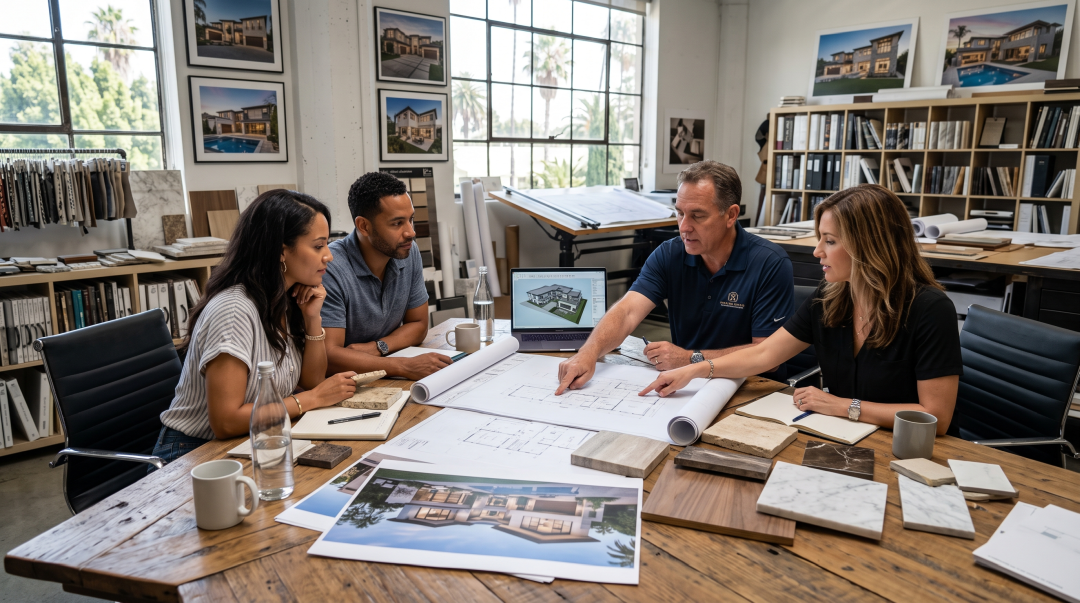 An authentic, warmly lit photo of a collaborative meeting around a large, cluttered wooden conference table in a high-ceilinged LA architecture and design office with large windows. A custom builder in a navy polo leans forward to point at unrolled architectural blueprints, while a female designer or architect gestures to the paperwork. A seated couple in casual wear actively participates, with the woman touching a natural stone material sample. The table is crowded with blueprints, 3D renderings, material samples, a laptop, and notebooks, with material-filled shelves and framed photos in the background.