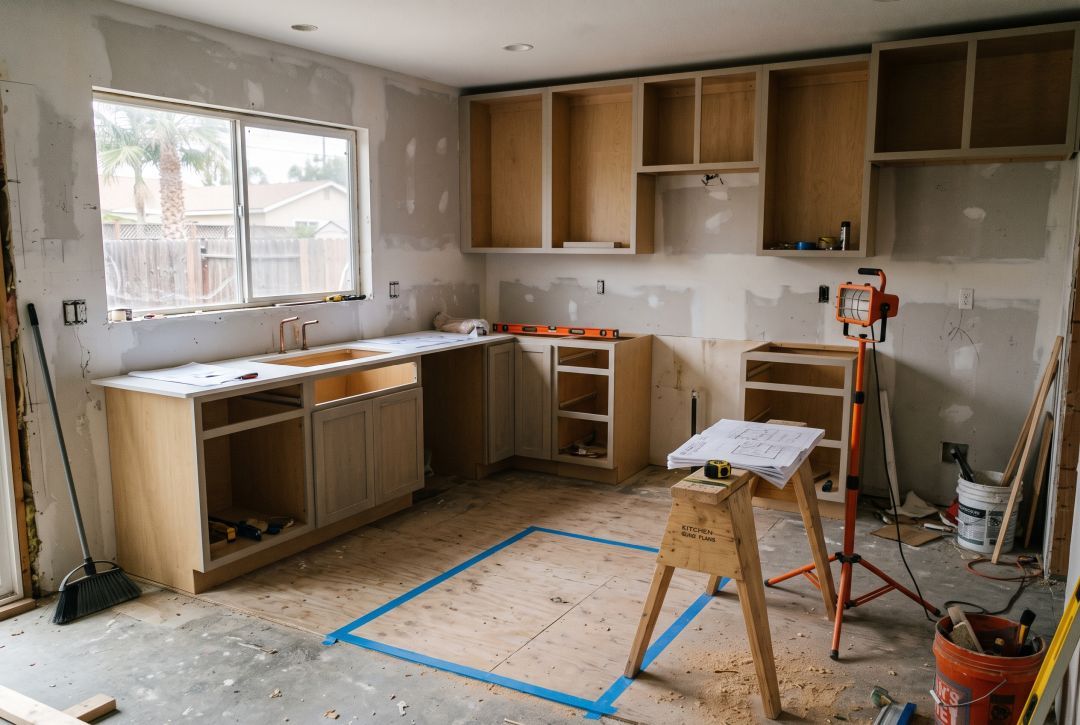 Los Angeles kitchen remodel in progress with shaker cabinet boxes installed and plumbing capped for the sink