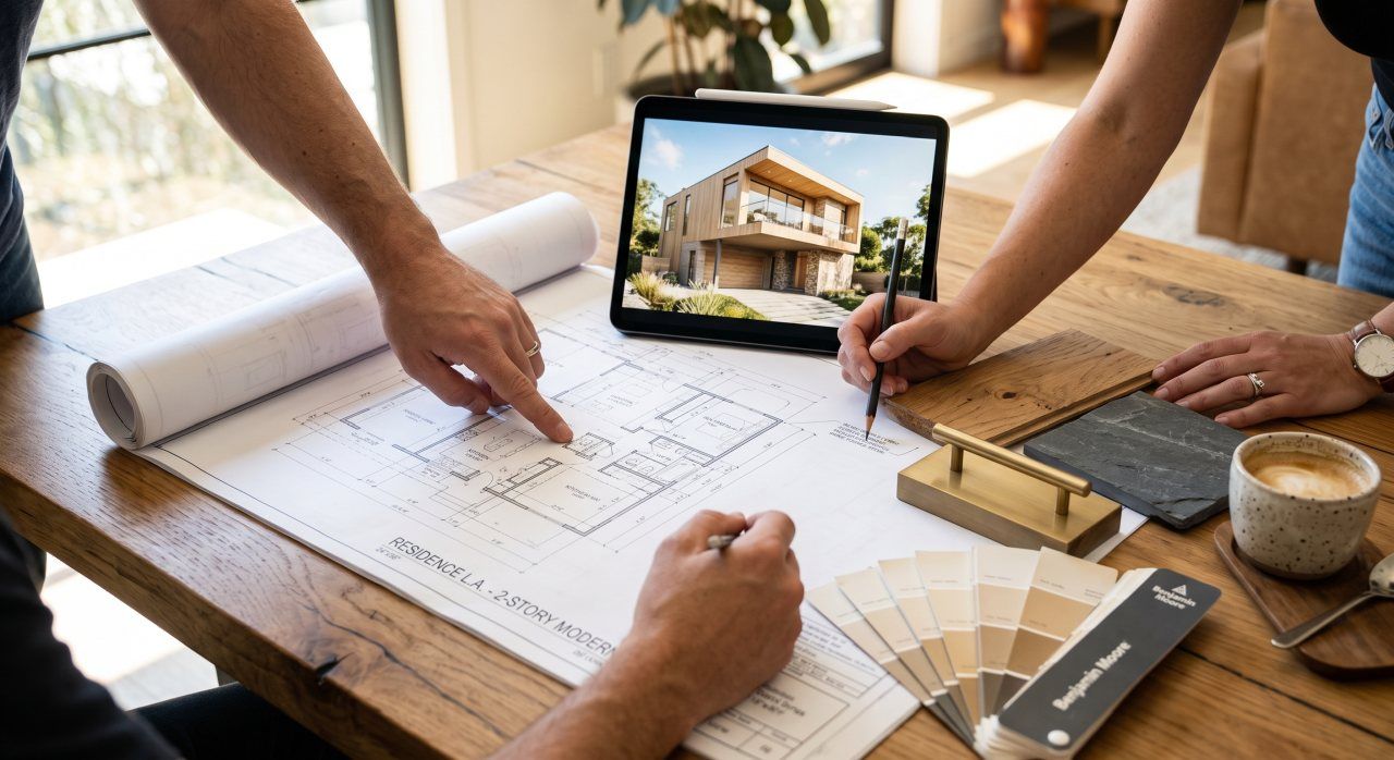 Homeowner and design-build team reviewing architectural plans and a 3D design rendering of a new custom home in Los Angeles