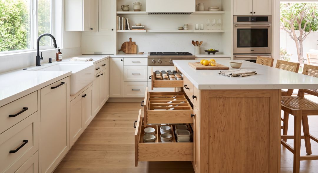 Contemporary kitchen with a natural maple wood island, white perimeter cabinets, and deep drawer storage.