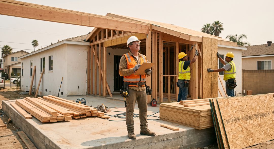 General contractor reviewing a project schedule on a residential job site while subcontractors frame an addition