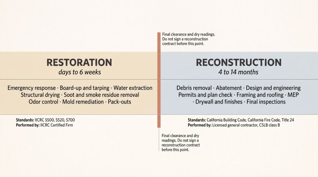 Diagram comparing the restoration and reconstruction phases of a fire loss, showing IICRC-certified mitigation over days to weeks and licensed general contractor reconstruction over four to fourteen months