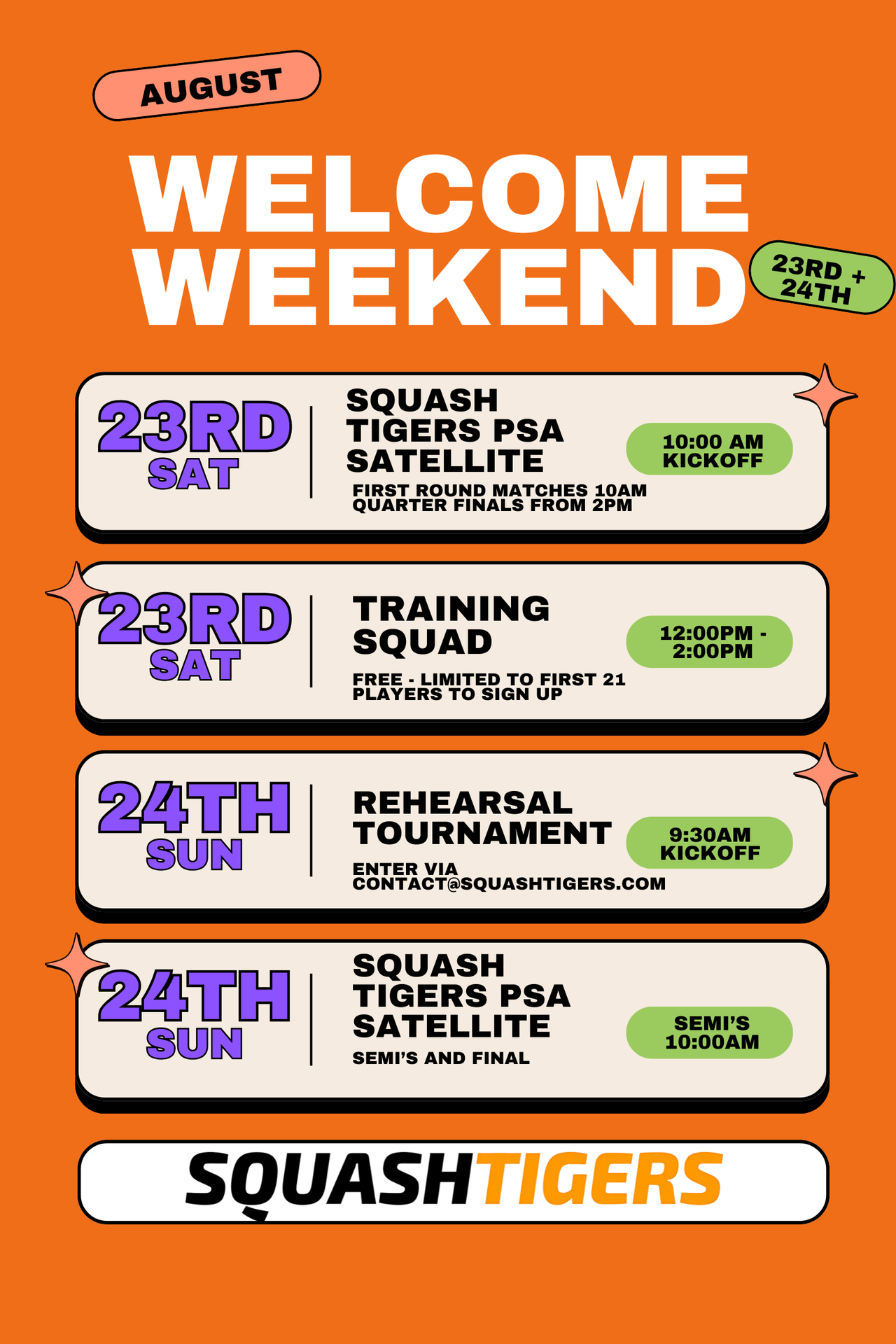 π Exton Squash Tigers Welcome Weekend β August 23rd & 24th π