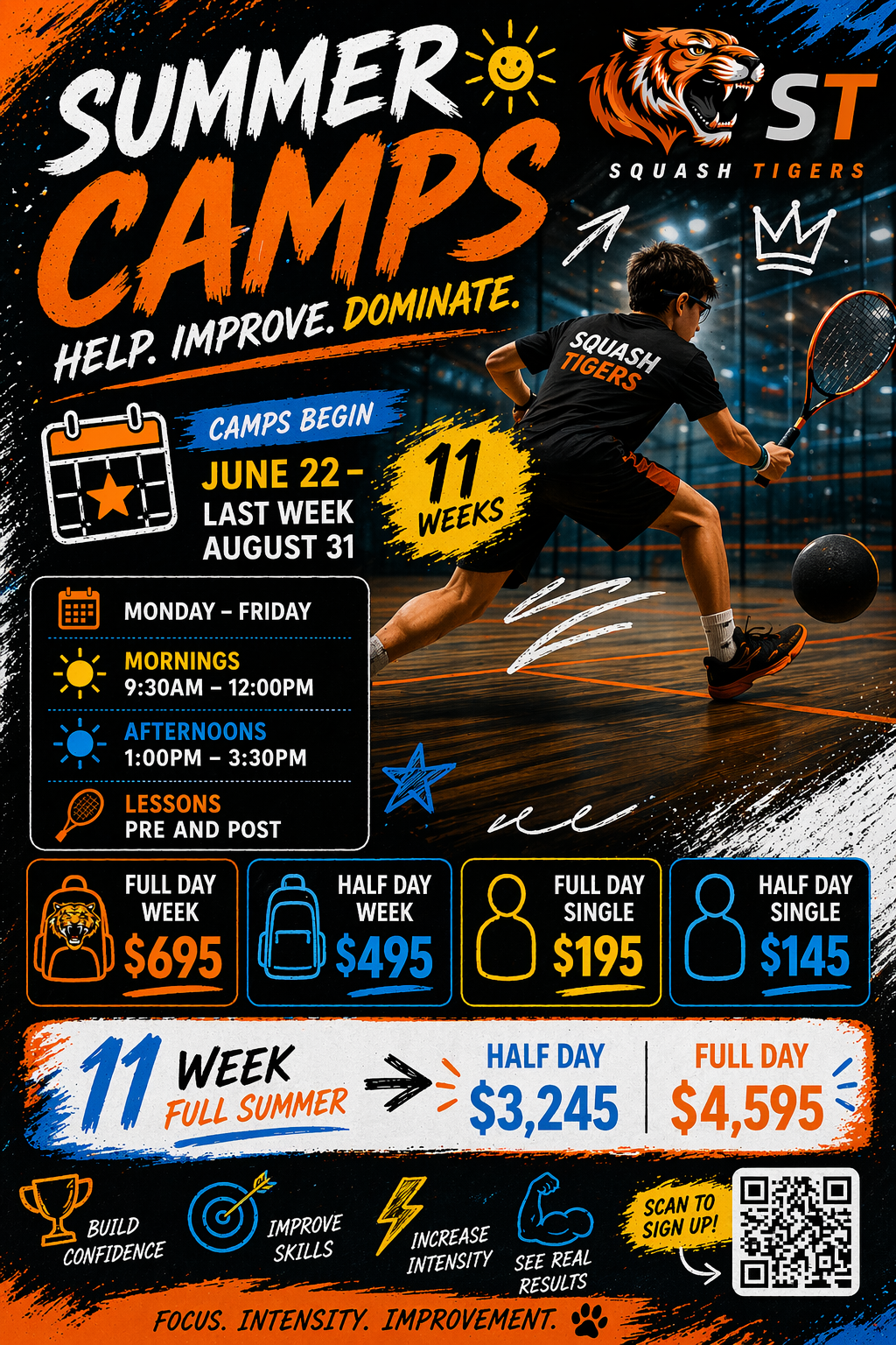 NJ Squash Tigers Summer Camps 2026 June 22 – August 31 | 11 Weeks