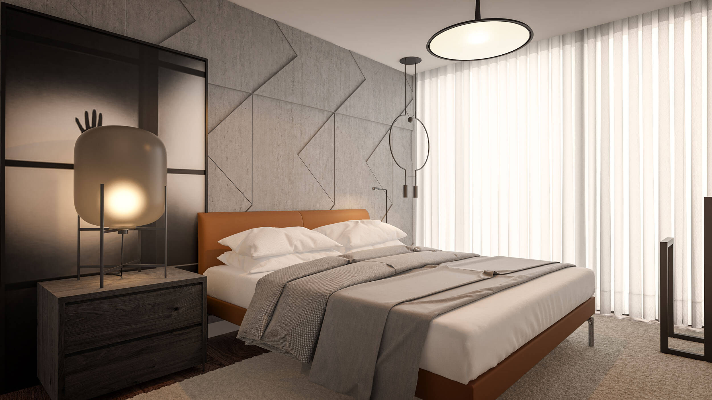Suite de visitas com cama em pele cognac, painel de cimento geométrico e candeeiro circular — design de interiores de luxo Lisboa