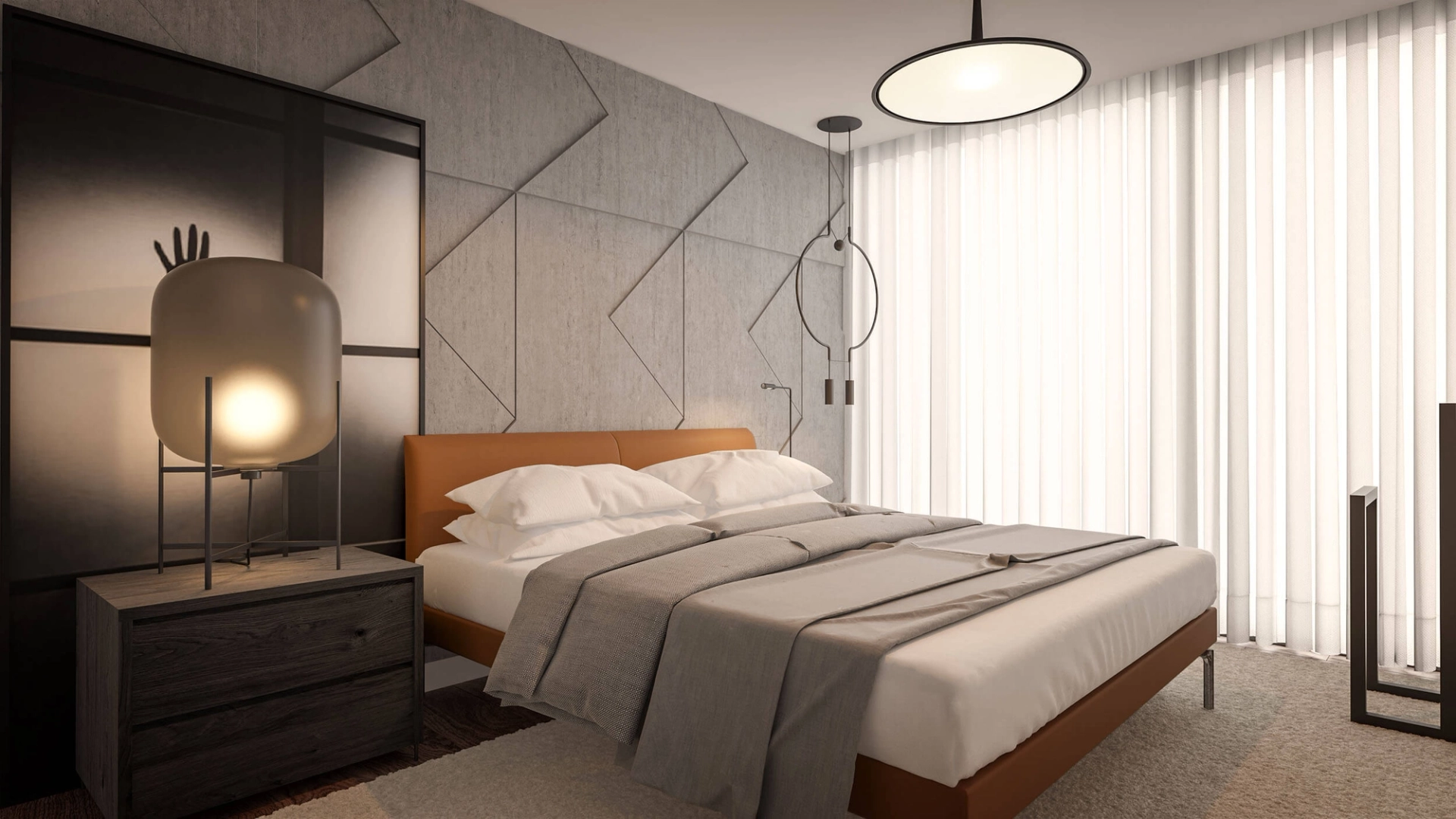 Suite de visitas com cama em pele cognac, painel de cimento geométrico e candeeiro circular — design de interiores de luxo Lisboa