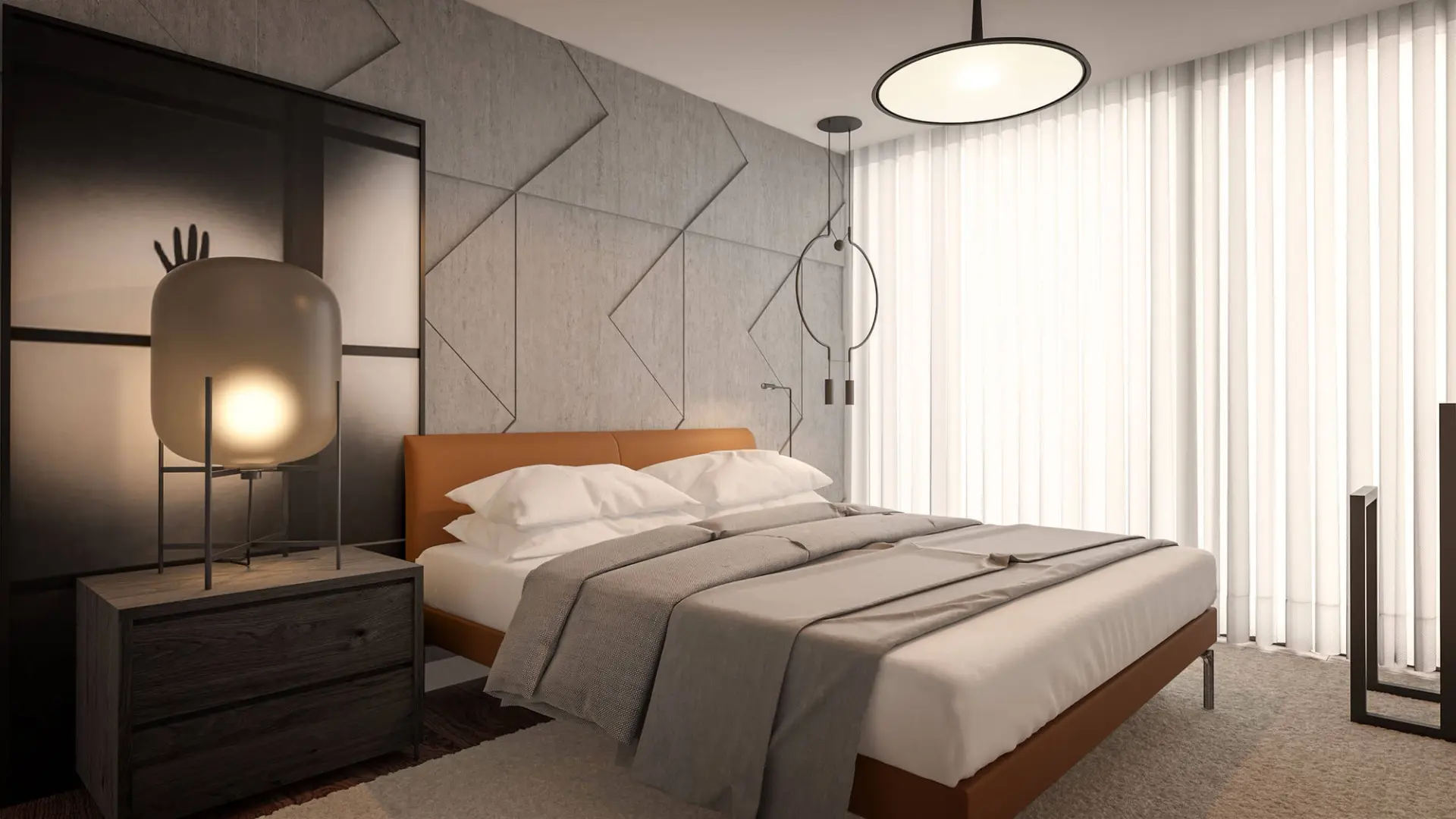 Guest bedroom with cognac leather bed, geometric cement wall panel and circular pendant lamp — luxury interior design Lisbon Portugal