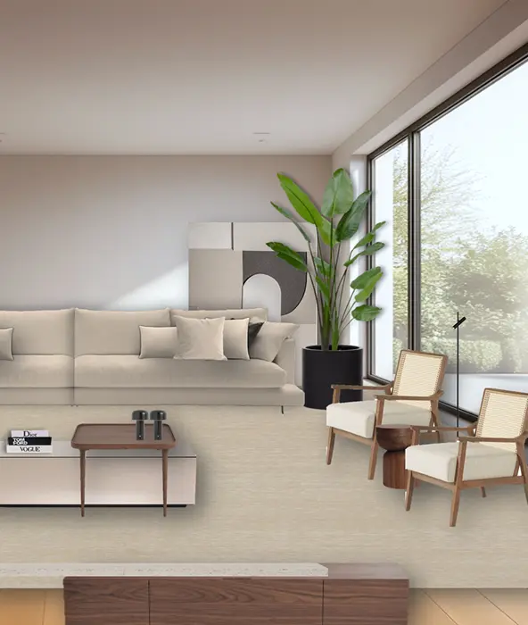 2D design of a contemporary living room with a beige sofa and light wood armchairs, created by Atelier Renata Santos Machado.