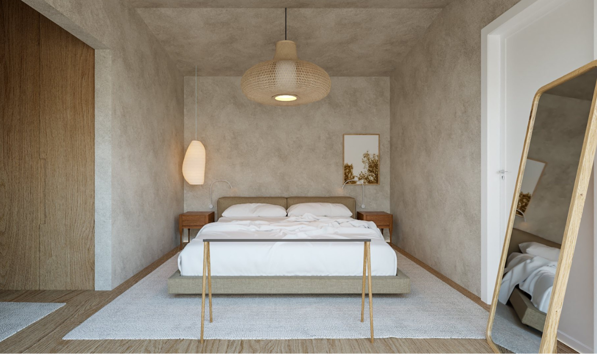 Minimal bedroom with natural light, neutral tones and simple materials in a residential interior design project in Comporta