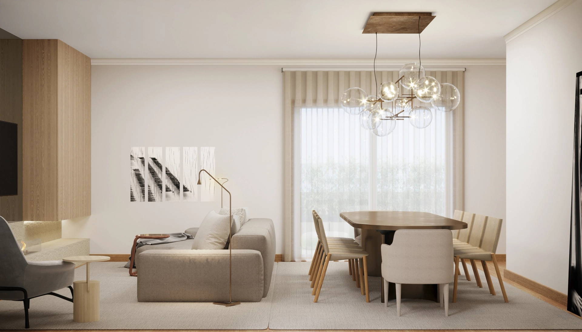 Living and dining room designed as part of a residential interior design project.