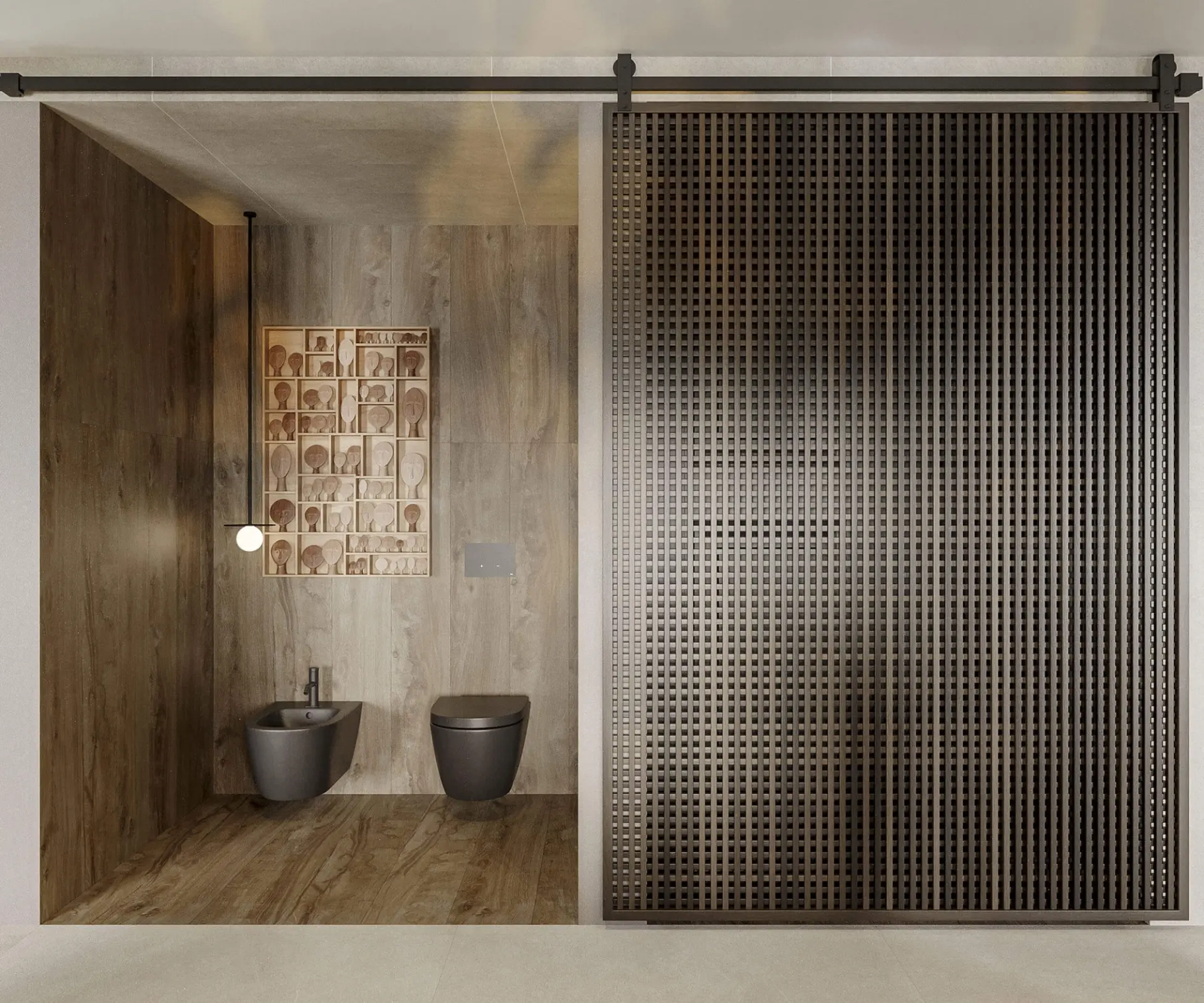 Wall-hung dark ceramic toilet and bidet, a walnut wall and a sliding wood lattice screen in a washroom — luxury bathroom