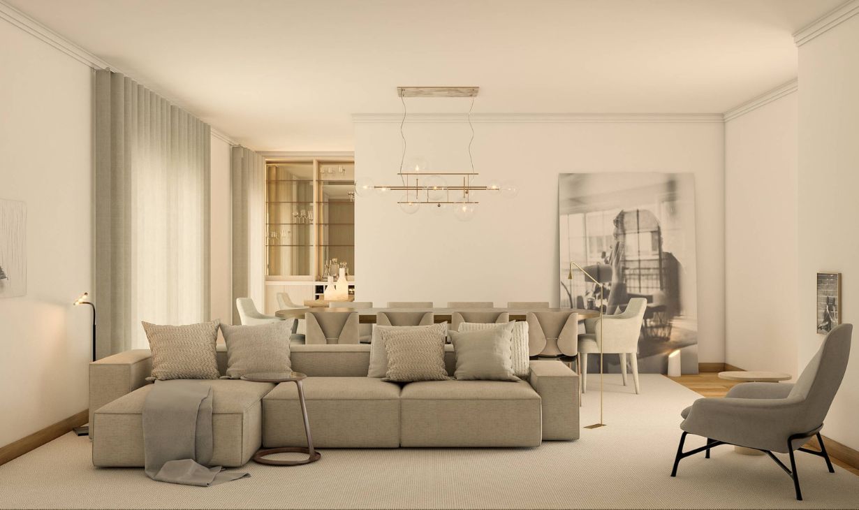 Contemporary interior design project in Cascais, Portugal with neutral living room, soft natural light and integrated dining area by Atelier Renata Santos Machado.