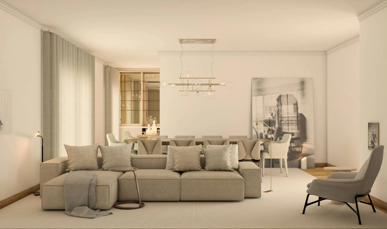 Contemporary interior design project in Cascais, Portugal with neutral living room, soft natural light and integrated dining area by Atelier Renata Santos Machado.