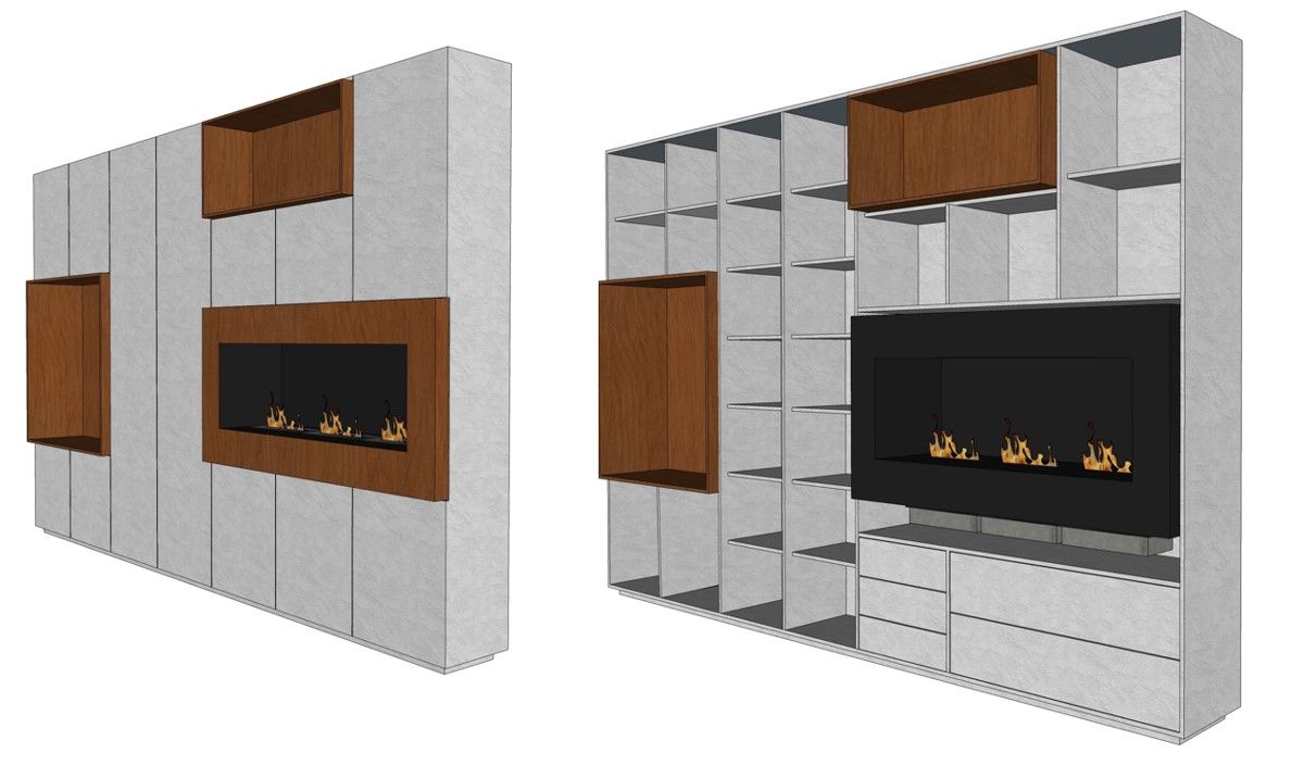 Modelo 3D de mobiliário por medida com arrumação e lareira integrada para projeto de design de interiores.