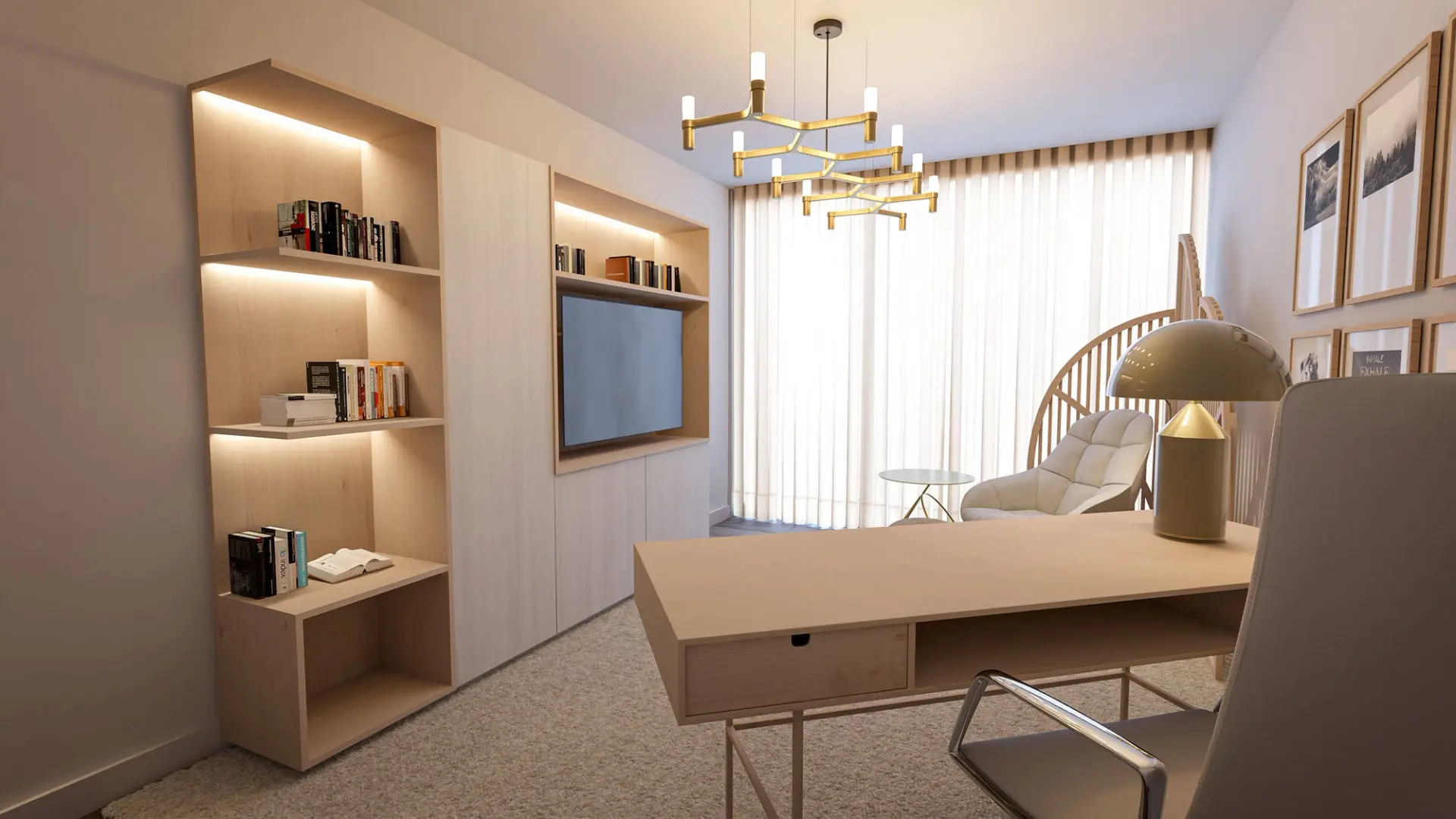 Home office with warm backlit built-in shelving, integrated TV and light wood writing desk — luxury interior design Lisbon Portugal