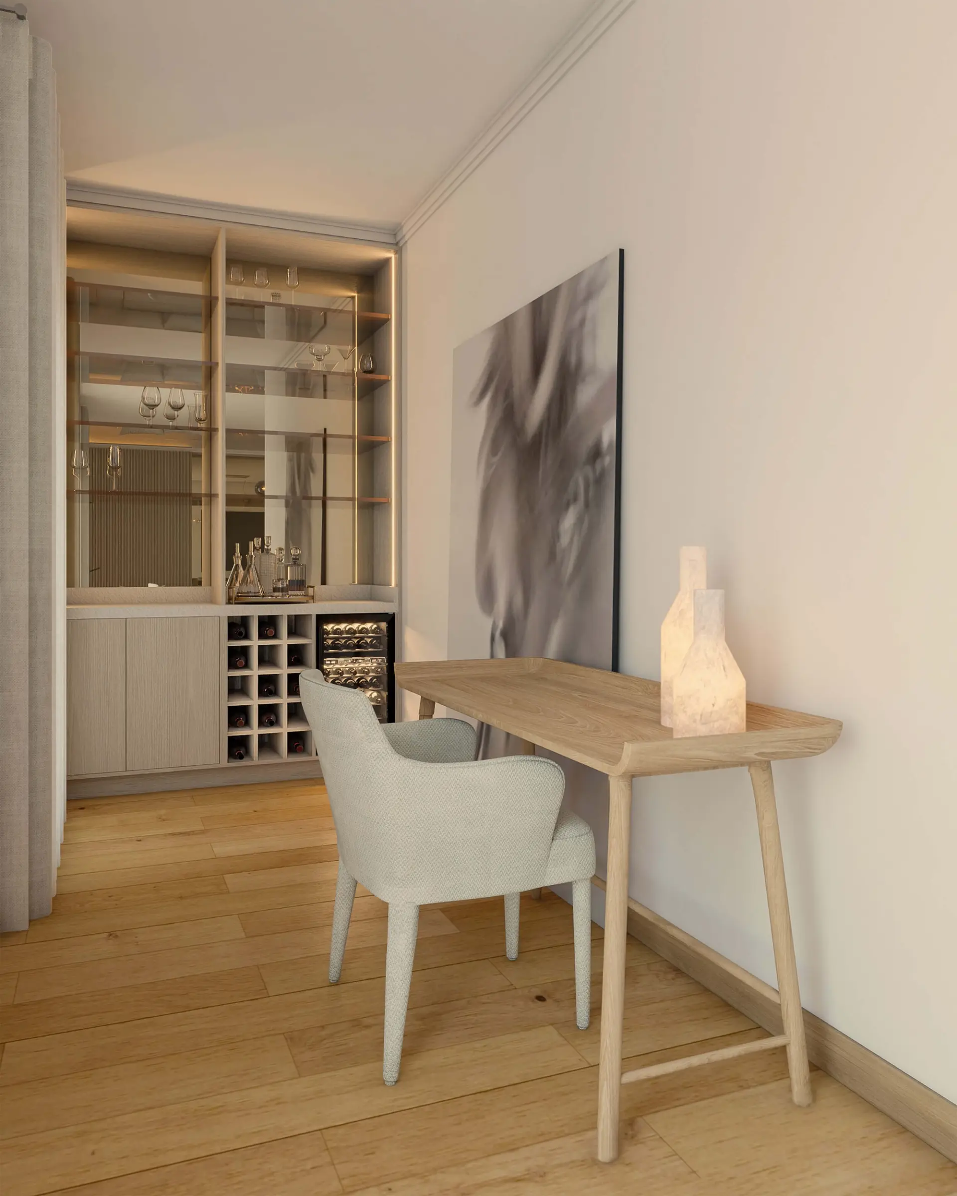 Secretária em carvalho com cadeirão, candeeiros de mesa em alabastro e armário-bar com garrafeira integrada — escritório de luxo
