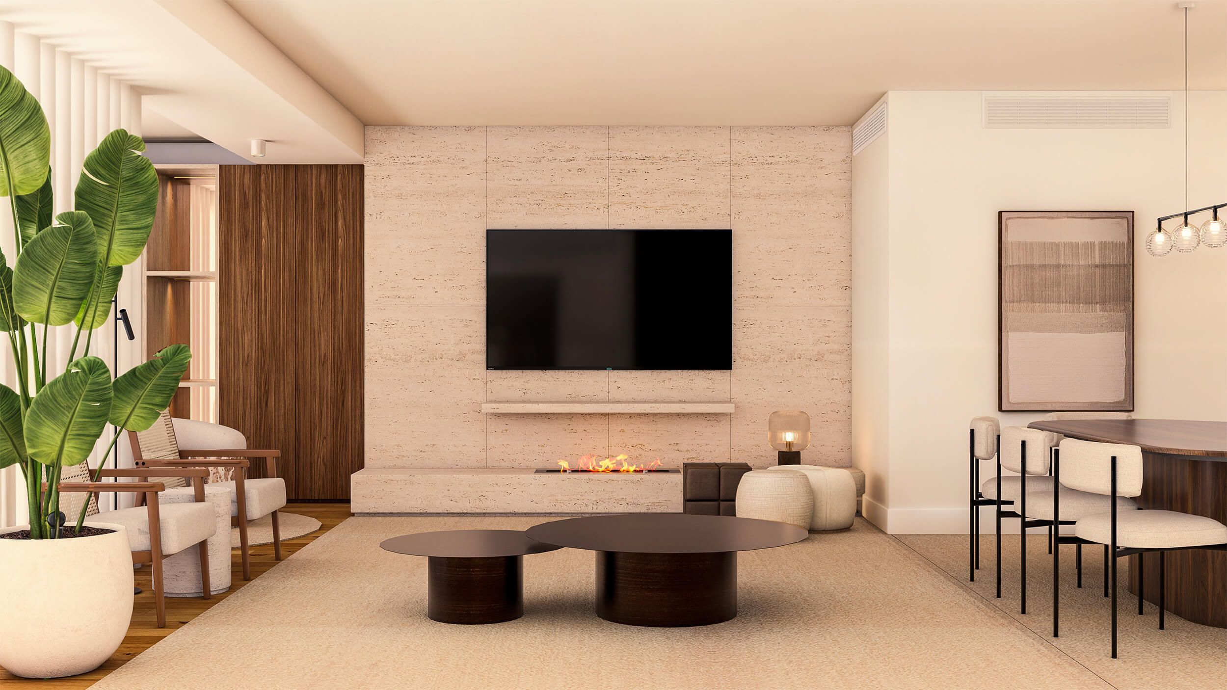 Sala de estar contemporânea com design de interiores premium, com materiais naturais, iluminação integrada, mobiliário equilibrado e zona de estar e refeição articuladas