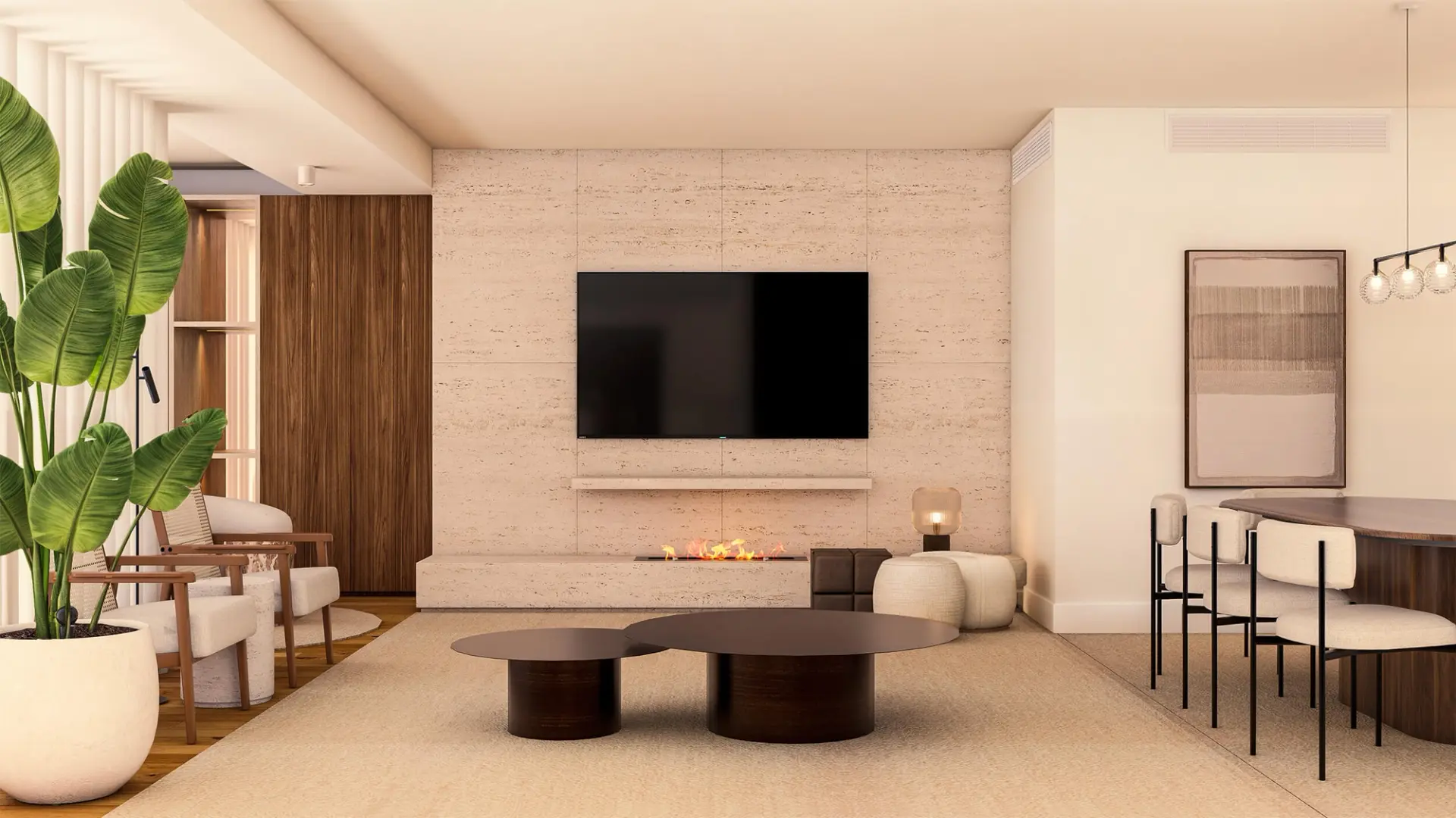 Sala de estar contemporânea com design de interiores premium, com materiais naturais, iluminação integrada, mobiliário equilibrado e zona de estar e refeição articuladas