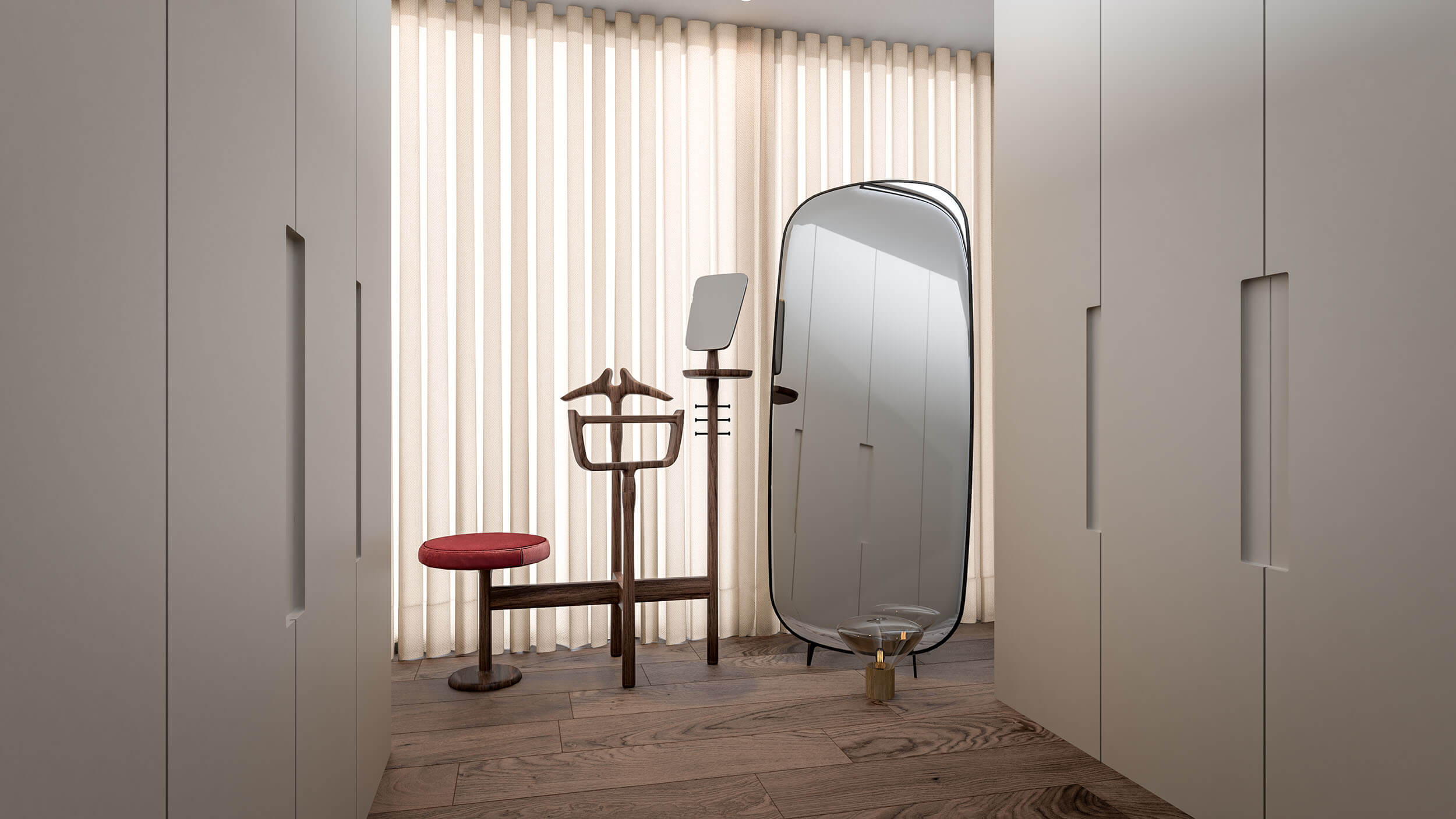 Closet com roupeiros embutidos, espelho de chão oval e banco de veludo vermelho — design de interiores de luxo Lisboa