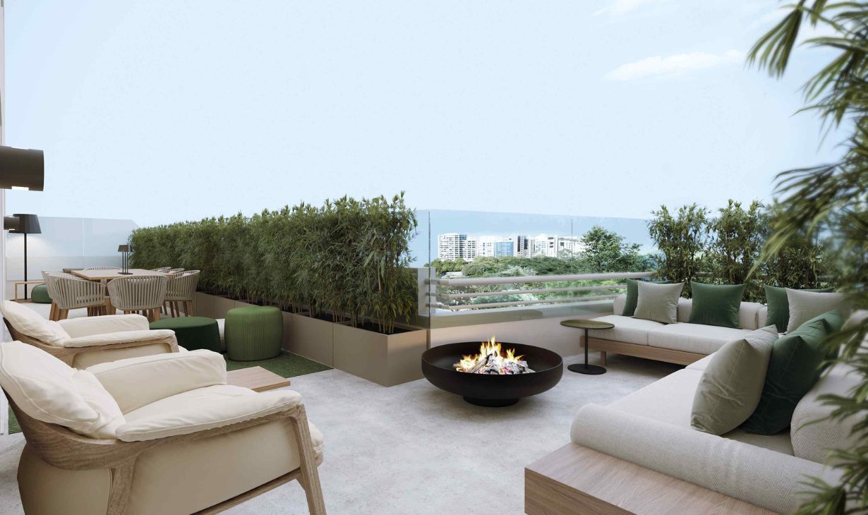 Outdoor terrace design in Lisbon by Atelier Renata Santos Machado, featuring contemporary lounge seating, integrated fire pit and panoramic city views.