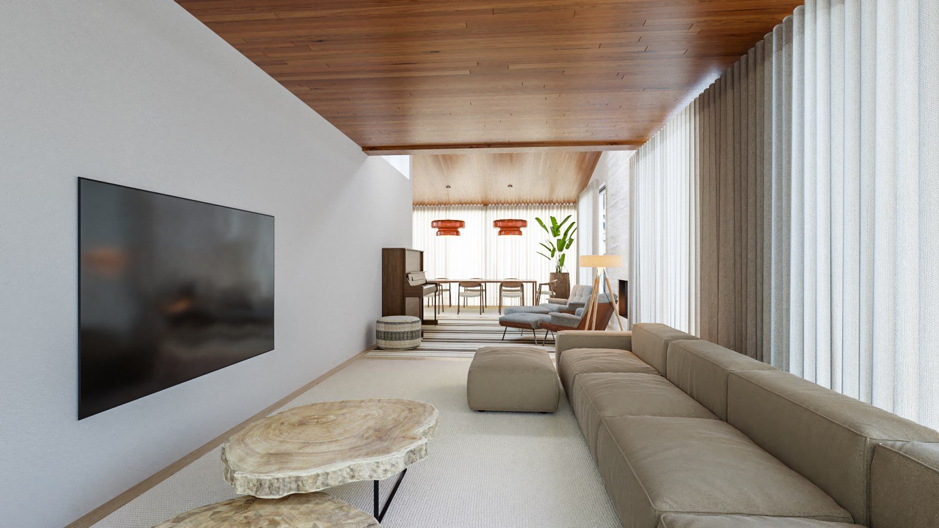 Sala de estar contemporânea em moradia no Algarve com tons naturais, madeira, grandes cortinas e integração fluida entre zona social e sala de jantar.