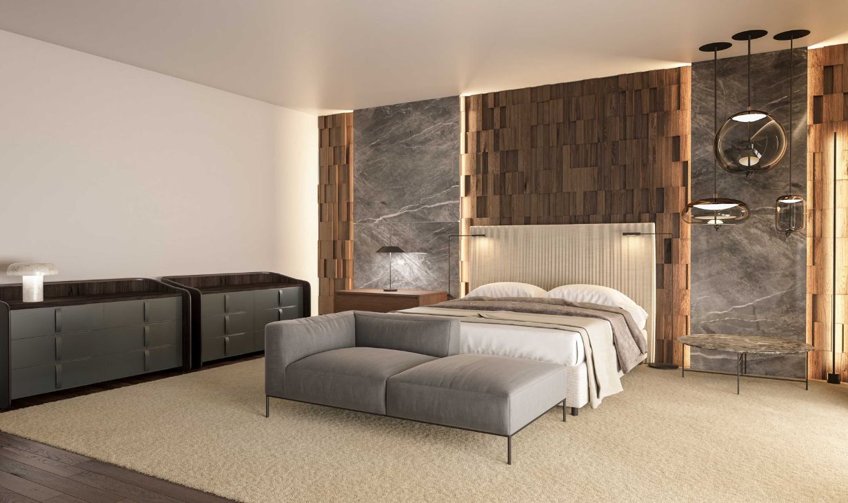 Luxury bedroom interior design project in Cascais, Portugal with wood paneling, marble finishes and integrated lighting by Atelier Renata Santos Machado.