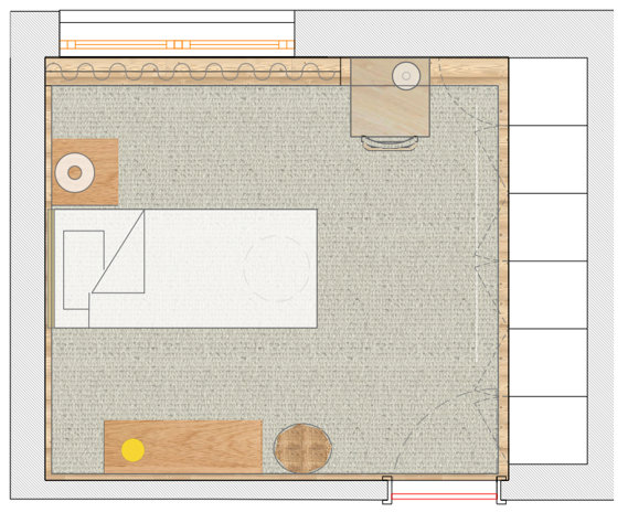 Planta de quarto infantil com distribuição da cama, zona de estudo, arrumação e restantes elementos do projeto de design de interiores.