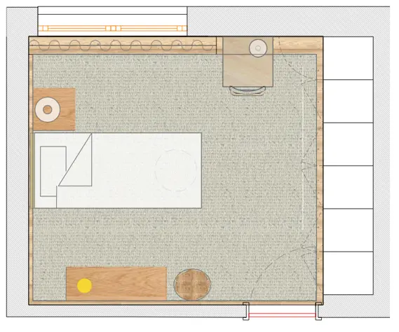 Planta de quarto infantil com distribuição da cama, zona de estudo, arrumação e restantes elementos do projeto de design de interiores.