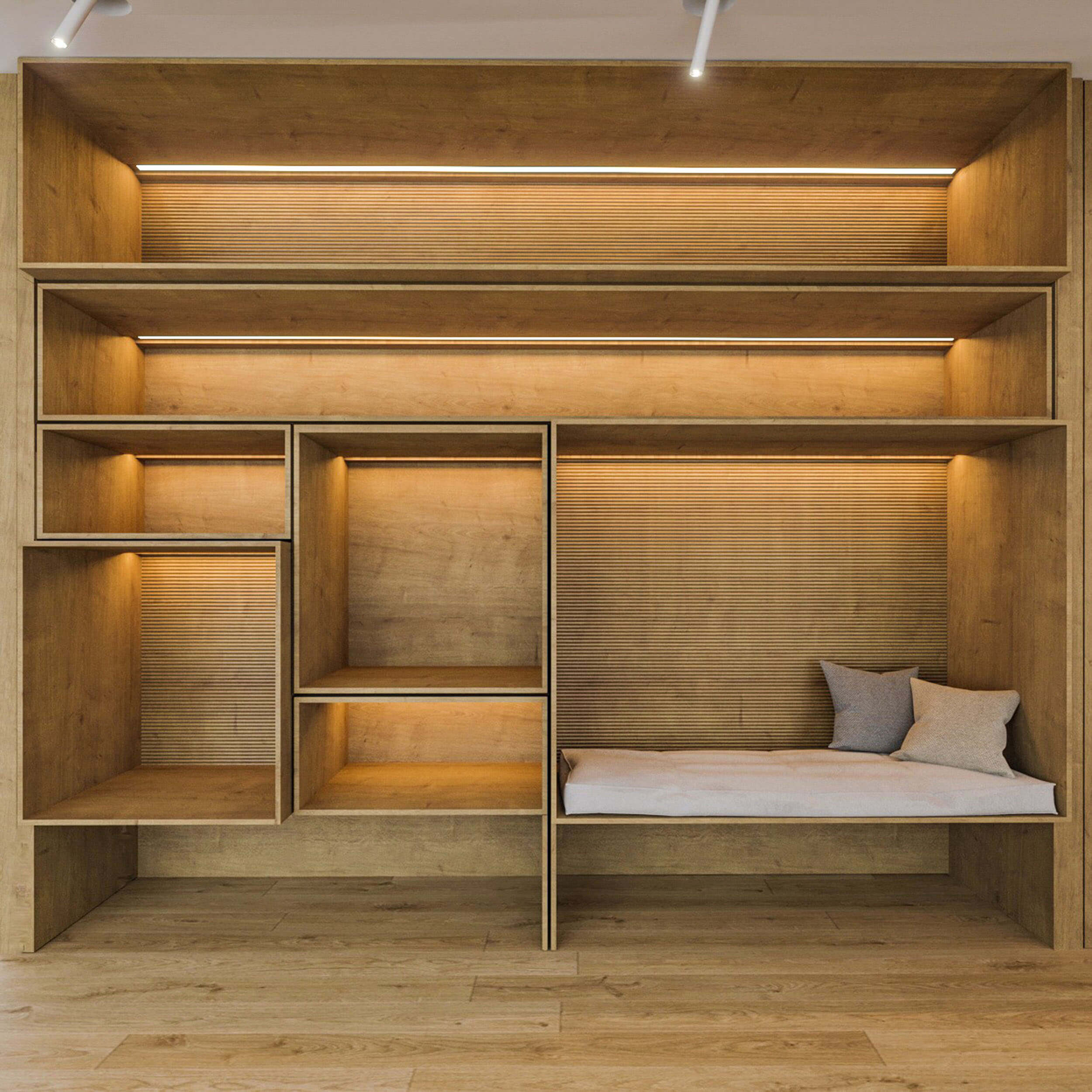 Oak built-in with geometric lit niches and an integrated daybed with cushions under LED strips — luxury kitchen