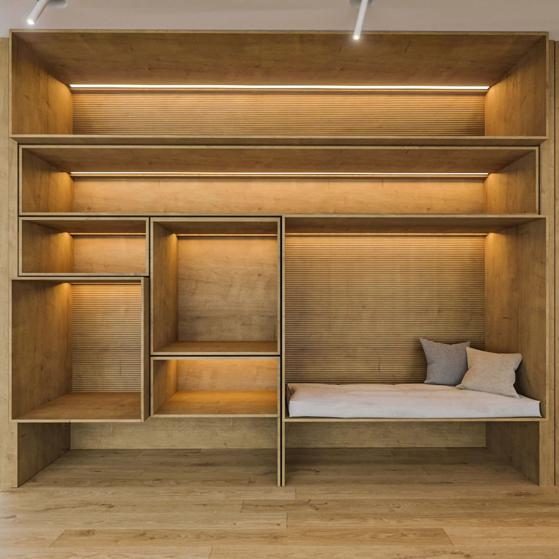 Oak built-in with geometric lit niches and an integrated daybed with cushions under LED strips — luxury kitchen