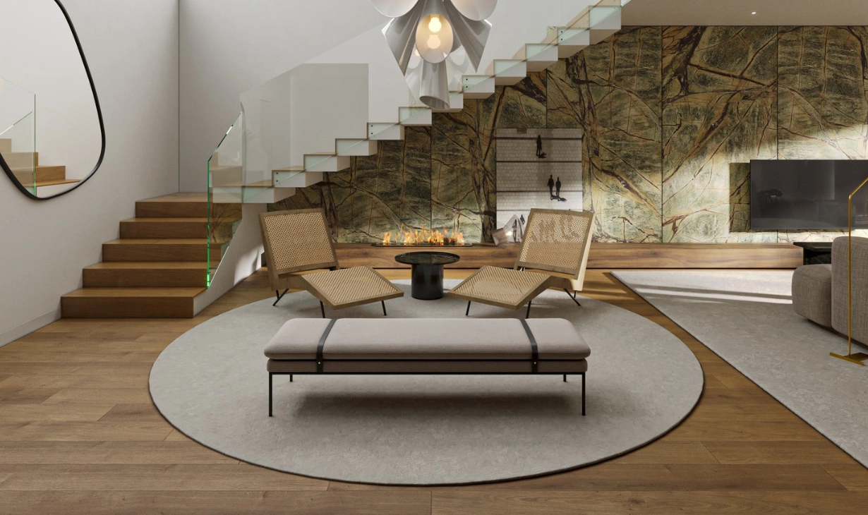Contemporary living room with architectural staircase, natural materials and integrated layout in an interior design project in Óbidos by Atelier Renata Santos Machado