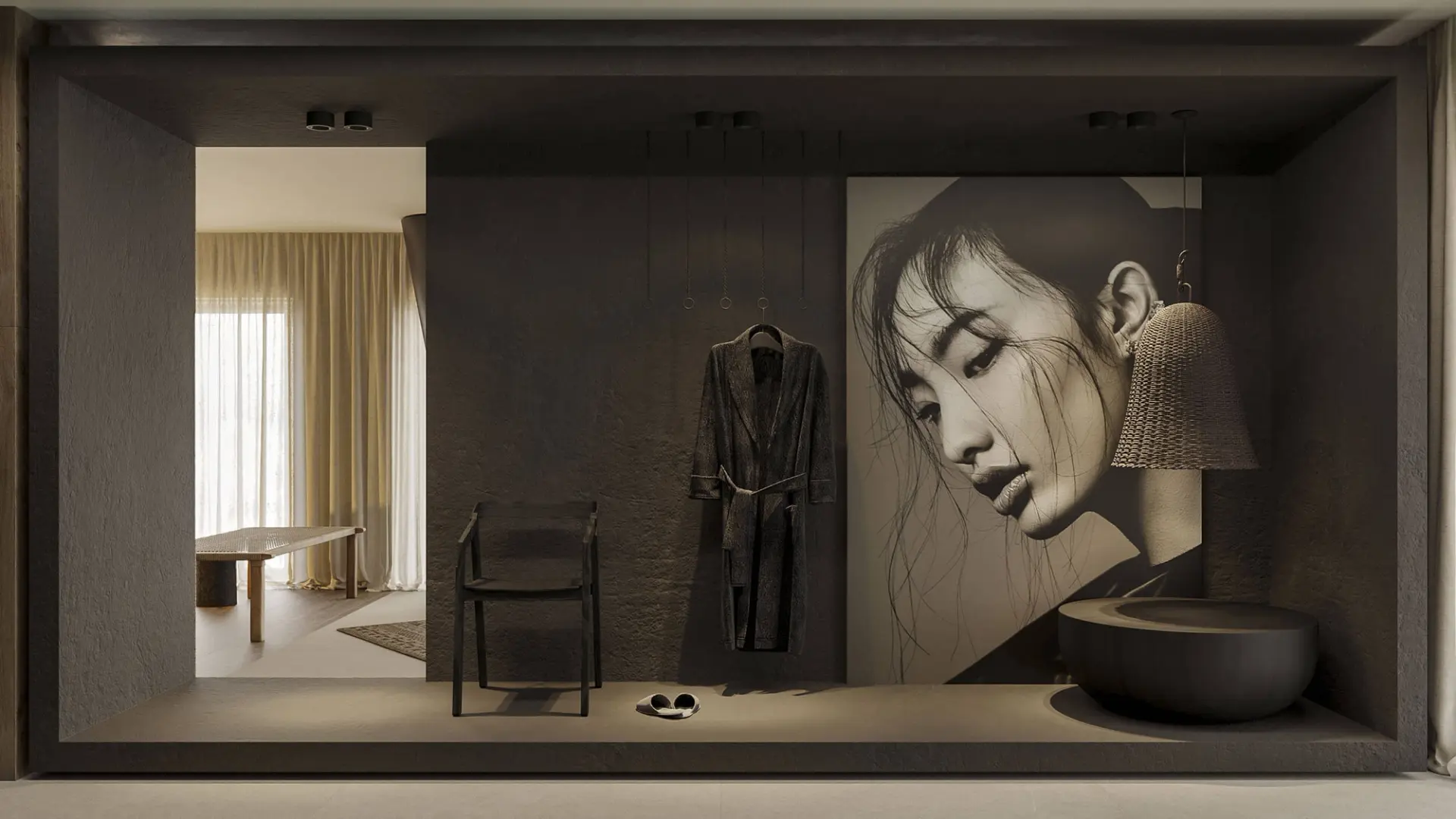 Dark microcement spa suite with an oval tub, a large-format portrait photograph, a hanging robe and a folding chair — luxury bathroom