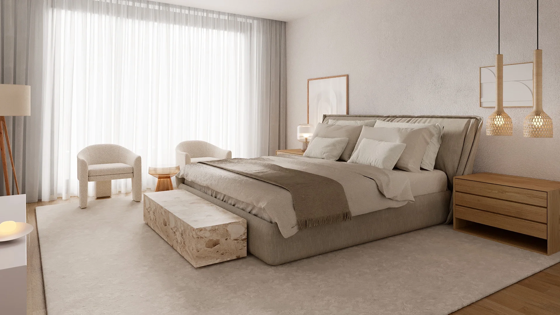 Quarto contemporâneo em tons neutros com cama estofada, iluminação suspensa decorativa, madeira natural e cortinas translúcidas.