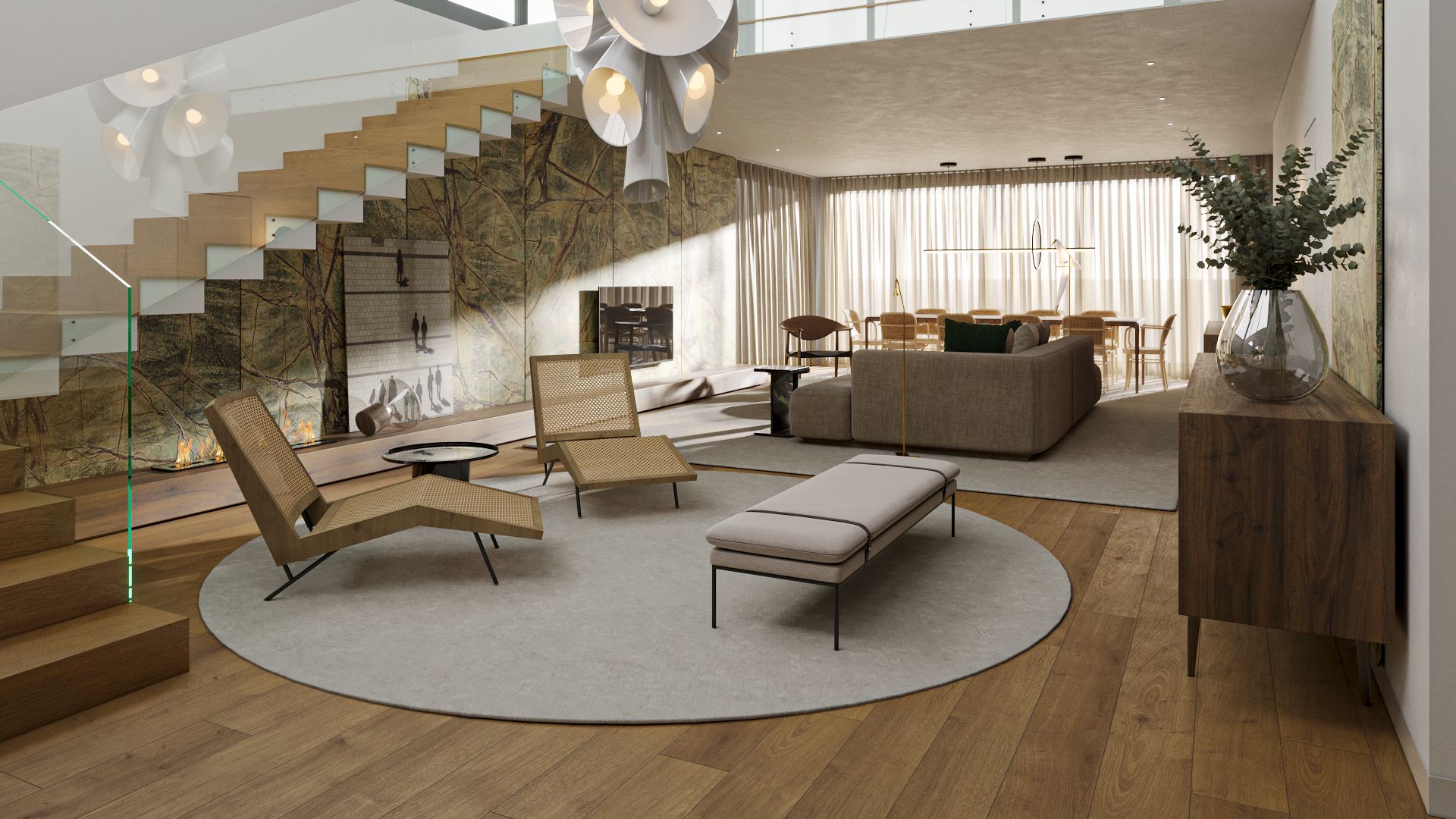 Sala de estar contemporânea com escada em madeira, poltronas, sofá e zona de jantar integrada, num projeto do Atelier Renata Santos Machado.